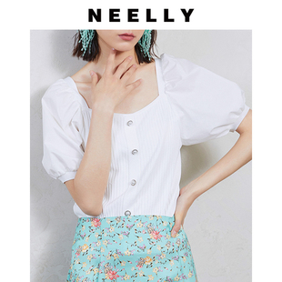 neelly纳俪方领灯笼袖 拼接工艺复古套头小衫 薄款 针织衫