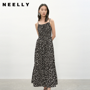 NEELLY納儷商場同款 減齡俏皮碎花吊帶連衣裙女收腰中長裙 新款 夏季