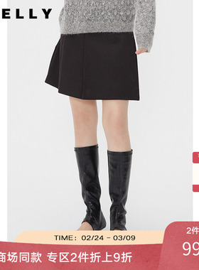 NEELLY纳俪商场同款春秋款百褶裙短裙女黑色简约通勤显瘦A字裙