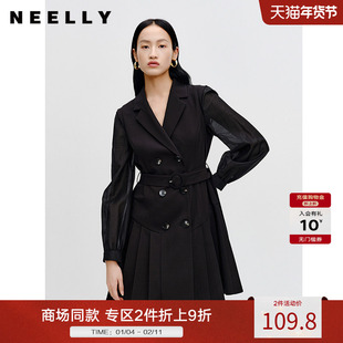 NEELLY纳俪商场同款收腰西装连衣裙早春新款长袖 v领显瘦西装裙女