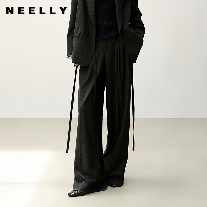 NEELLY纳俪商场同款秋冬新款高腰垂感阔腿裤女舒适松弛软糯长裤