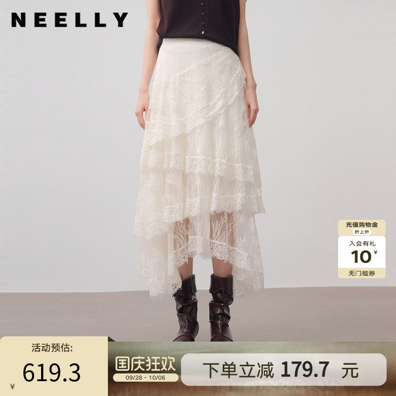 NEELLY纳俪商场同款秋新款不规则蕾丝半身裙女百搭显瘦飘逸A字裙