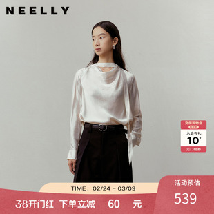 NEELLY纳俪商场同款春新款时尚简约飘带衬衫女优雅设计感荡领上衣
