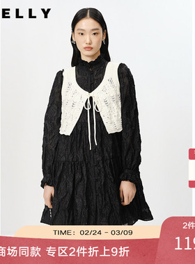 NEELLY纳俪商场同款气质立领黑色连衣裙两件套中长款大摆A字裙