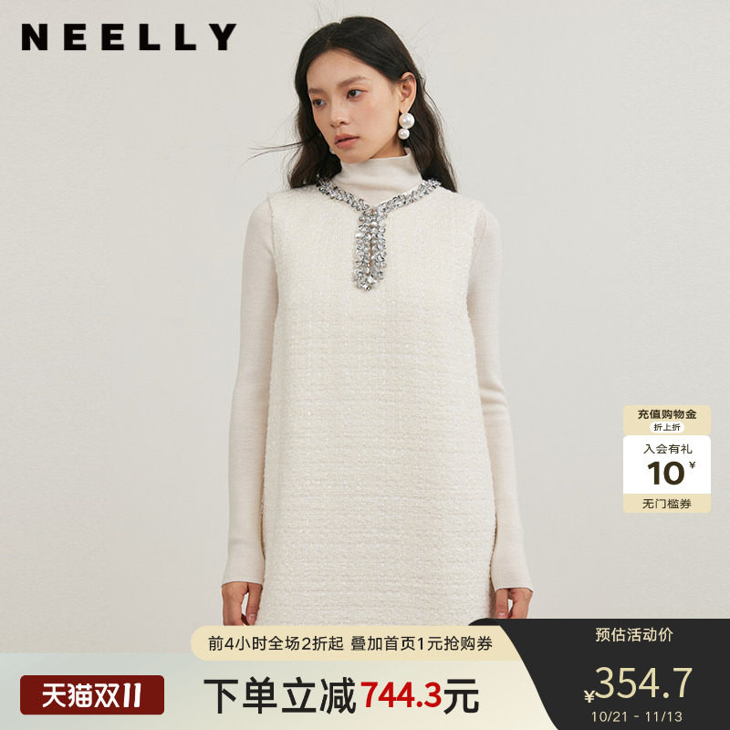 NEELLY纳俪商场同款冬季新款小香风圆领背心裙女直筒显瘦连衣裙
