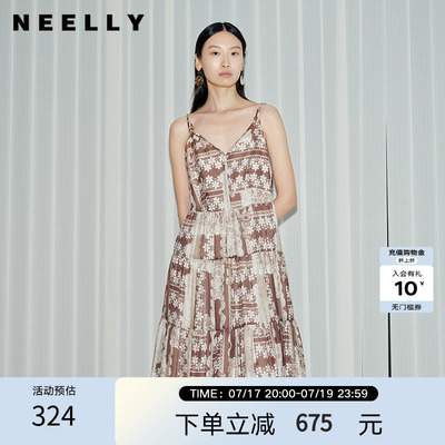 NEELLY纳俪商场同款春新款气质印花吊带连衣裙女中长款收腰A字裙