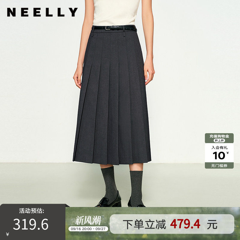 NEELLY纳俪商场同款春新款经典时尚百褶裙女高腰垂感中长款半身裙