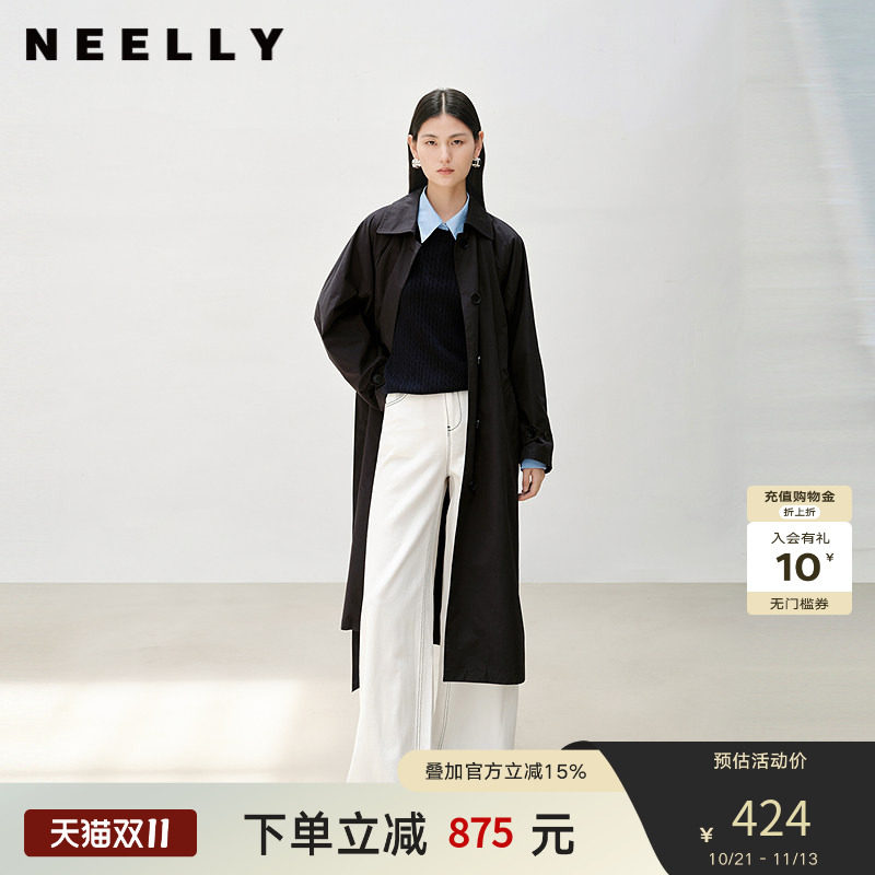 NEELLY纳俪商场同款春秋新款复古简约廓形长风衣女舒适随性外套
