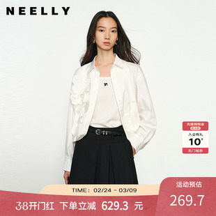 NEELLY纳俪商场同款春秋新款立体装饰花朵长袖衬衫女纯色衬衣通勤