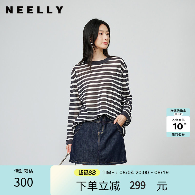 NEELLY纳俪商场同款秋季新款时尚圆领条纹T恤女宽松舒适针织衫