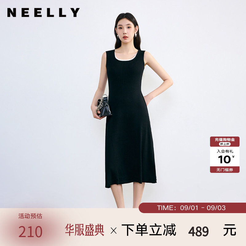 NEELLY纳俪春秋新款商场同款假两件休闲背心黑色针织连衣裙女