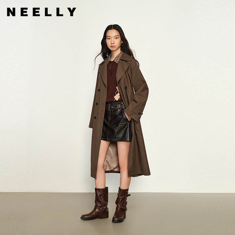 NEELLY纳俪商场同款夏新款休闲双排扣风衣女长款收腰通勤百搭外套
