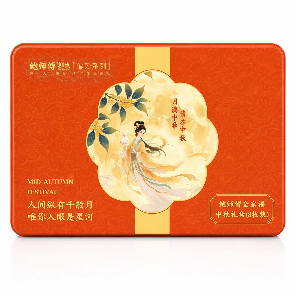 鲍师傅全家福(大)中秋礼盒肉松芝士黑芝麻咸蛋黄果仁大枣月饼礼盒