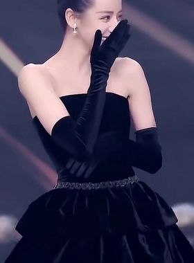 热巴同款丝绒赫本黑色长款婚纱手套礼服影楼造型写真表演冬季保暖