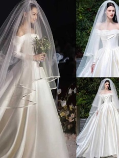 张馨予同款新娘主婚纱双层包边头纱拖尾韩式简约大气素纱长款拍照