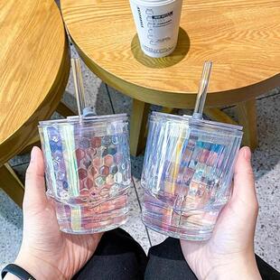 炫彩玻璃杯少女心玻璃吸管杯网红竹节杯玻璃杯子琉璃杯