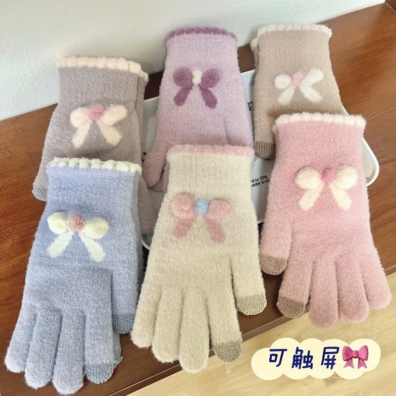 冬季触屏蝴蝶结加厚保暖手套女