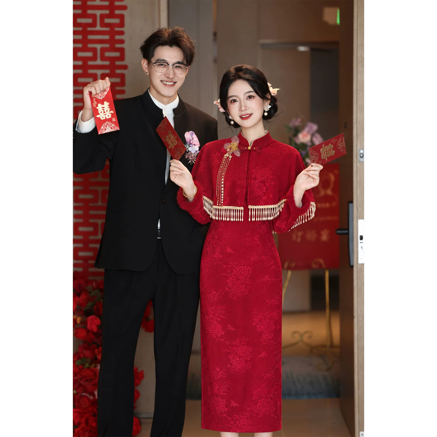 红色新中式长袖旗袍敬酒服女结婚新娘礼服订婚回门披肩套装秋冬款