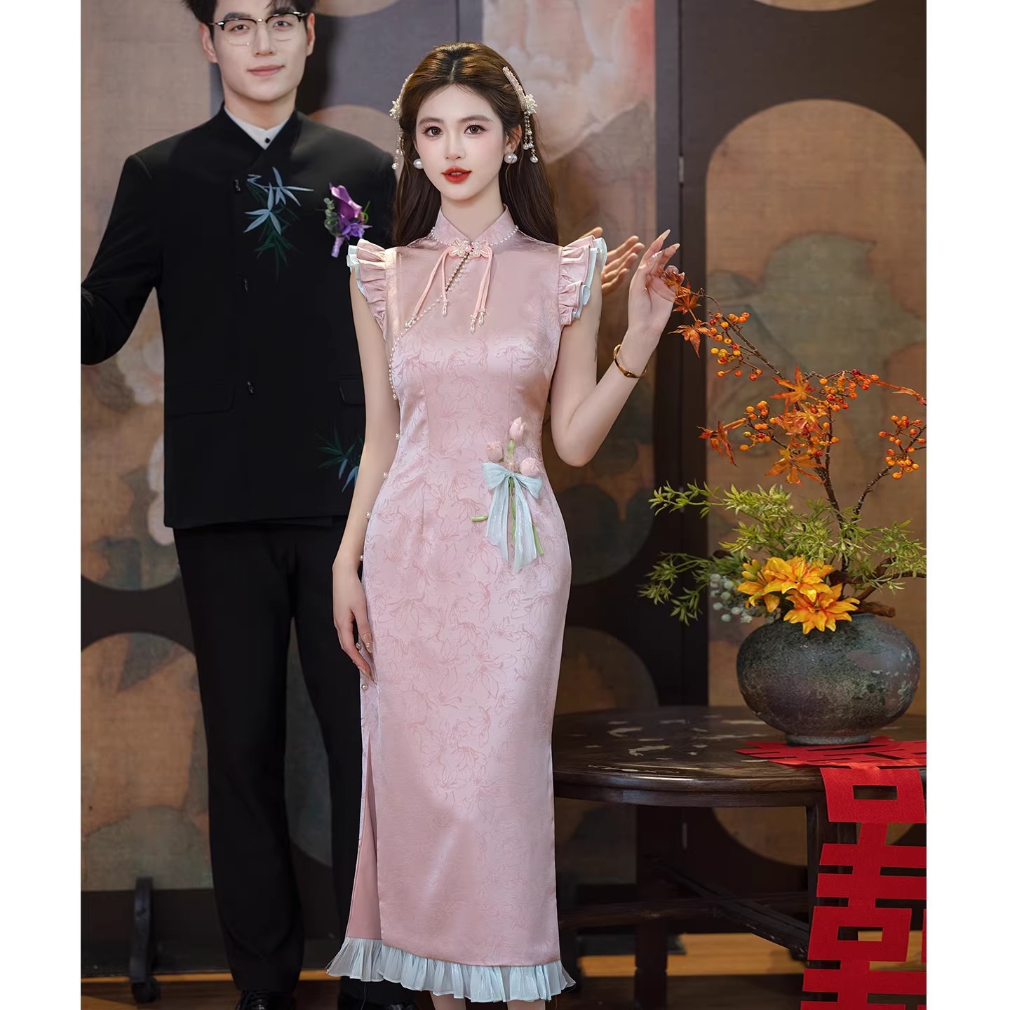 粉色敬酒服新娘旗袍新中式订婚礼服结婚晨袍小个子平时可穿女绝美图片