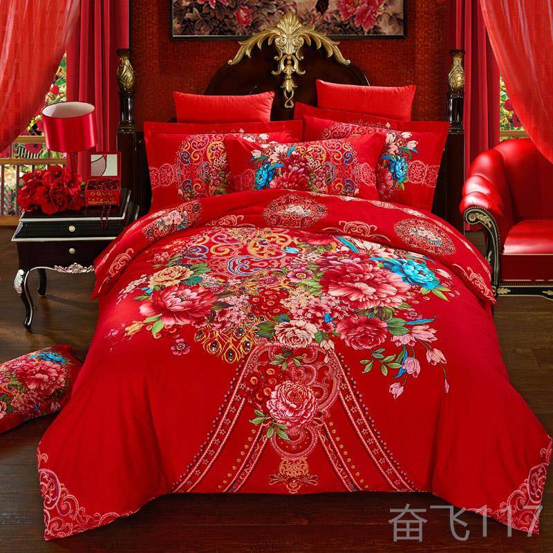 正品3纯D棉婚庆磨毛四件套大红.被套全棉套新婚1.8m床上用品床单4