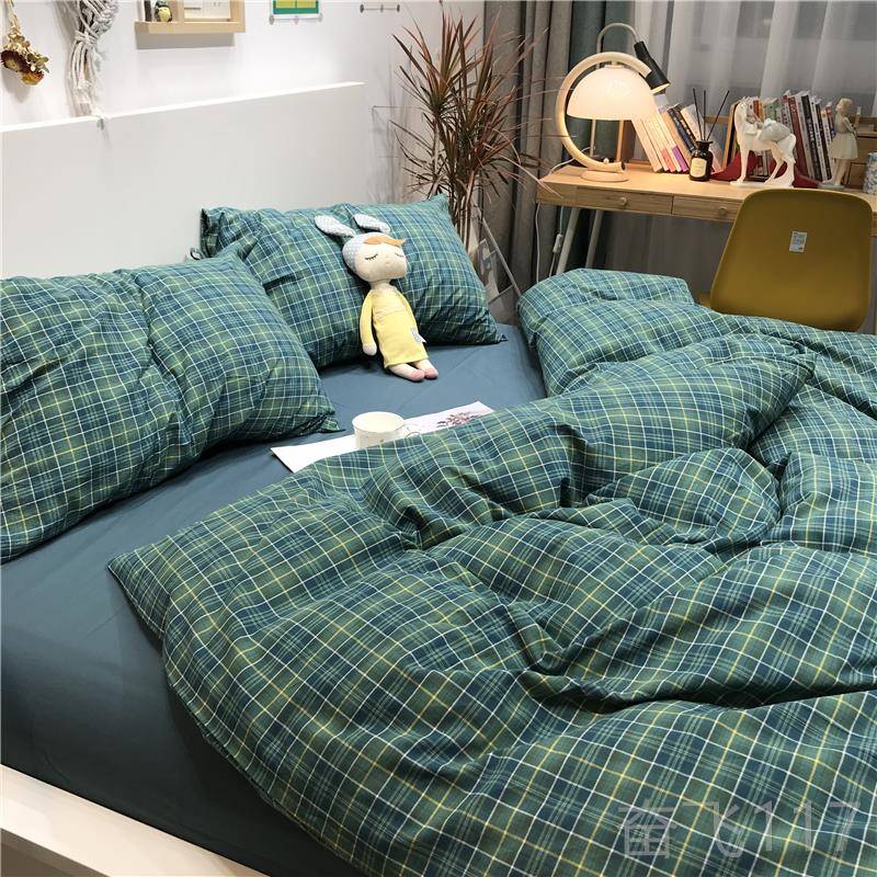 正品北欧被简约ins风小清新绿套色色织水洗棉四件裸睡15m1..8米套