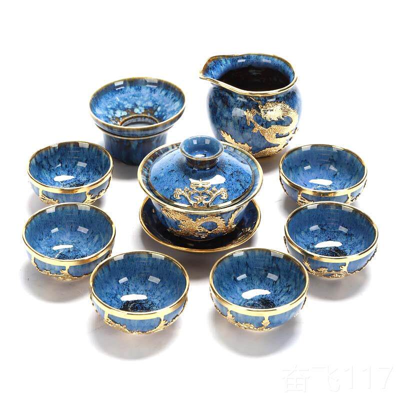 正品镶金功夫茶具整套色红镀婚礼陶瓷家庭单简盖碗金茶杯茶壶