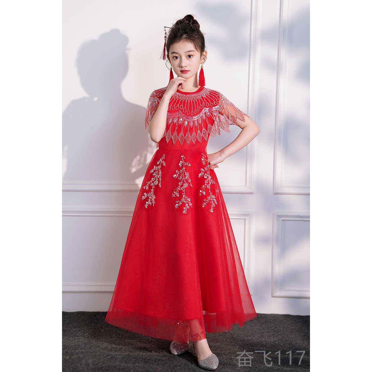正品童儿童古筝演出服女舞台表演白色生日裙主小主公持人钢琴演奏