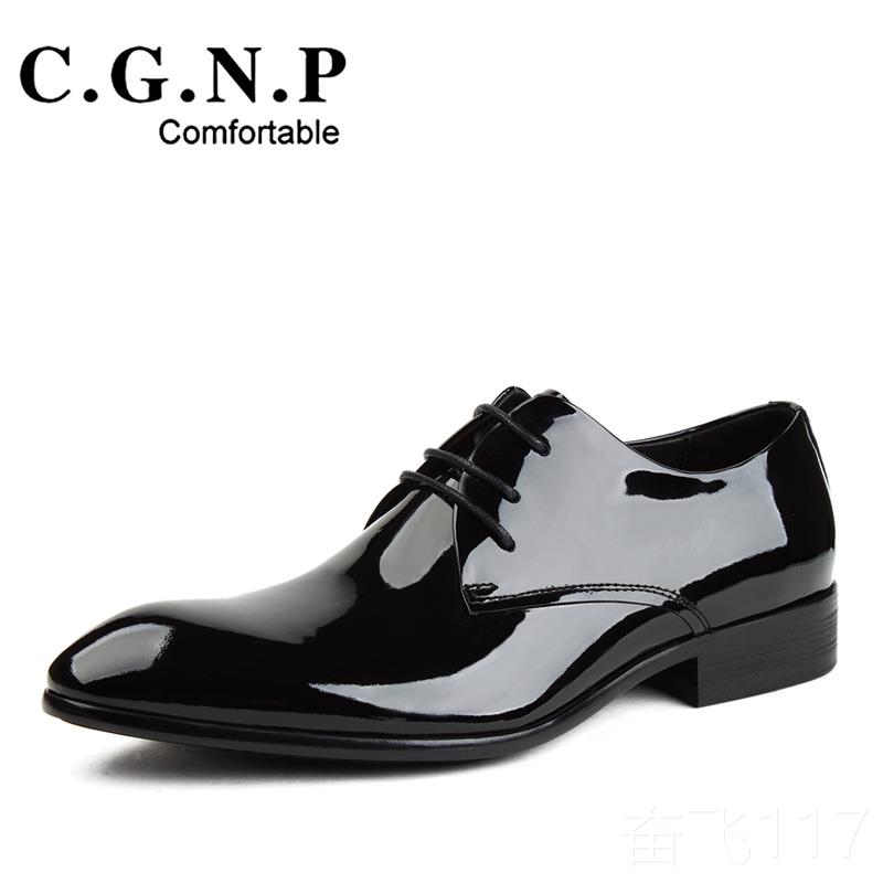 正品村哥牛皮男商鞋 男士务正装鞋漆皮带亮面婚皮鞋真皮尖头系鞋