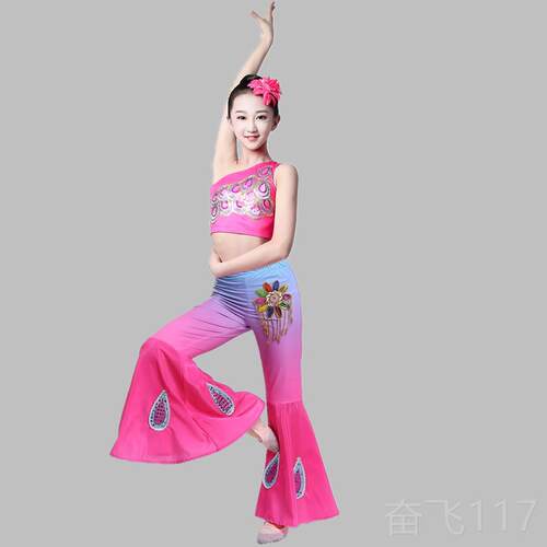 正品2新0童25款儿族舞蹈服装幼儿孔雀舞蹈服装女孩修傣身臀部鱼尾