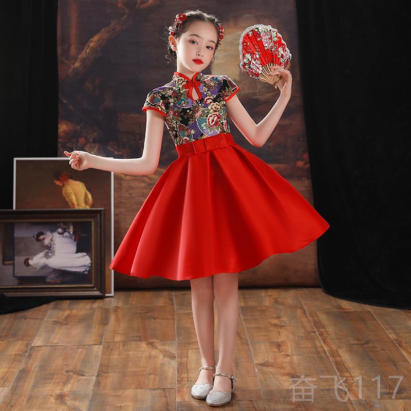 正品童改良旗袍裙红女孩夏季中式女孩唐装小t台表演服装全儿国潮