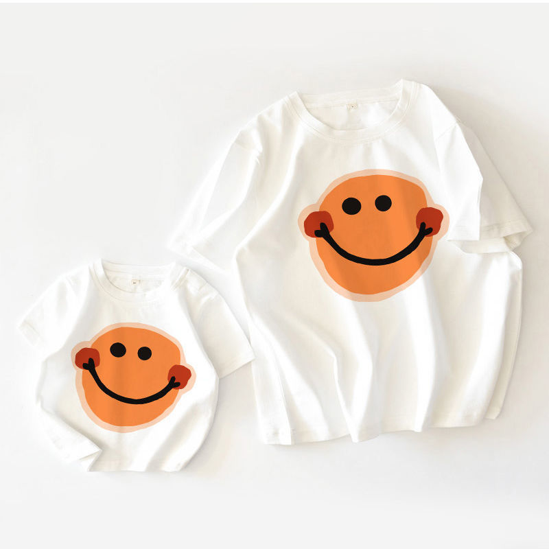 100%纯棉白色T恤笑脸夏季新款亲子装母女短袖亲子t恤上衣