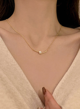 韩国新款高级设计感单颗珍珠吊坠项链女轻奢小众锁骨链颈链批发