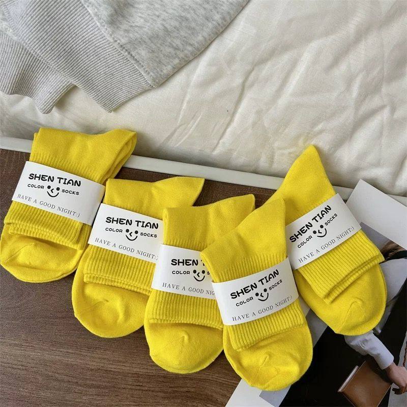 黄色袜子女棉袜中筒袜ins潮春秋糖果色长筒袜纯色堆堆袜运动百搭
