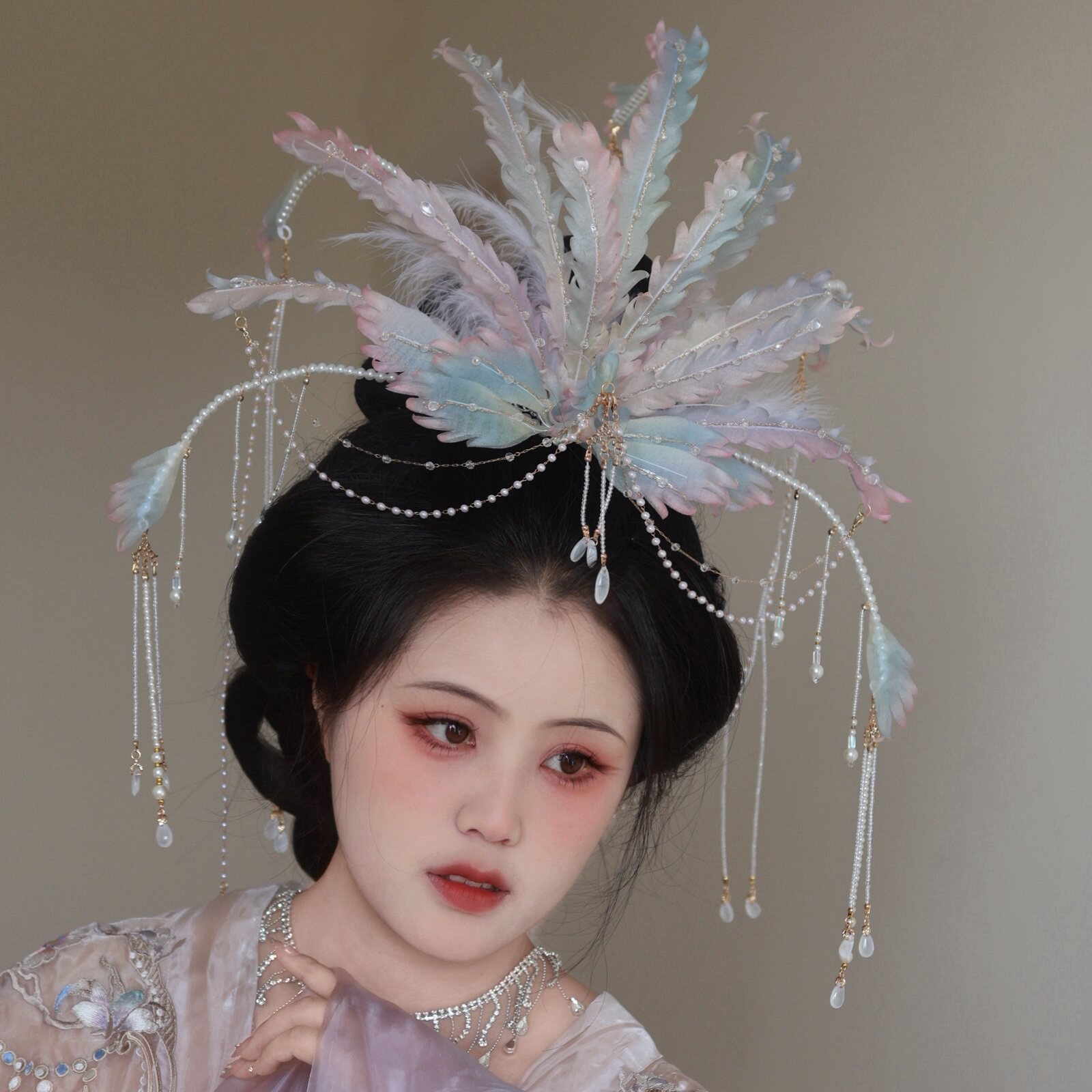 原创 画中仙 真丝烫花正凤发饰重工发冠流苏汉服配饰古风头饰