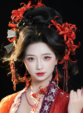 原创曼珠沙华 彼岸花真丝烫花发饰汉服古风发饰软杆花朵发夹头饰