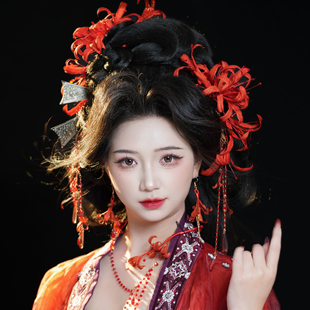 原创曼珠沙华 彼岸花真丝烫花发饰汉服古风发饰软杆花朵发夹头饰