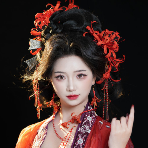 原创曼珠沙华 彼岸花真丝烫花发饰汉服古风发饰软杆花朵发夹头饰