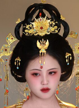 原创 长乐 唐风发饰套装重工发冠长流苏发钗汉服古风头饰