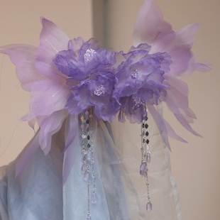 原创 鸢尾蝶 真丝烫花蝴蝶流苏发夹簪花发钗古风发饰汉服配饰仙气