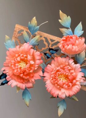 原创 浮香引 真丝烫花水墨风牡丹汉服发饰软杆簪花头饰配饰仙气