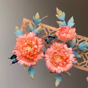 原创 浮香引 真丝烫花水墨风牡丹汉服发饰软杆簪花头饰配饰仙气