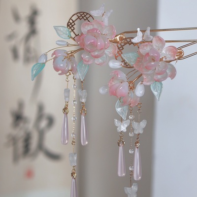 原创 据霜思 芙蓉花琉璃簪花重工流苏发钗春上新仙气汉服古风发饰