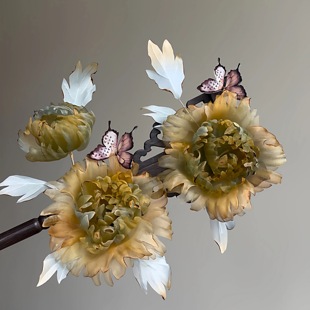 原创 枯叶蝶 牡丹真丝烫花发饰软杆簪花头饰汉服配饰秋天古风发饰