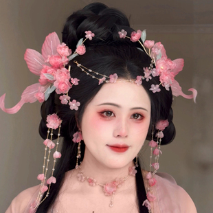 原创 折枝寄春 真丝烫花蝴蝶桃花流苏发饰头饰仙气绢纱花朵汉服