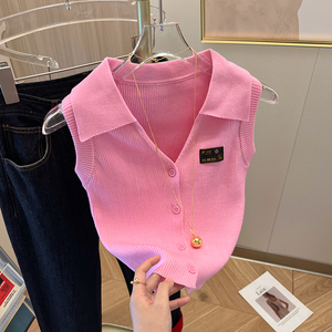 粉色美式POLO领小背心女夏辣妹内搭针织打底外穿V领坎肩无袖上衣