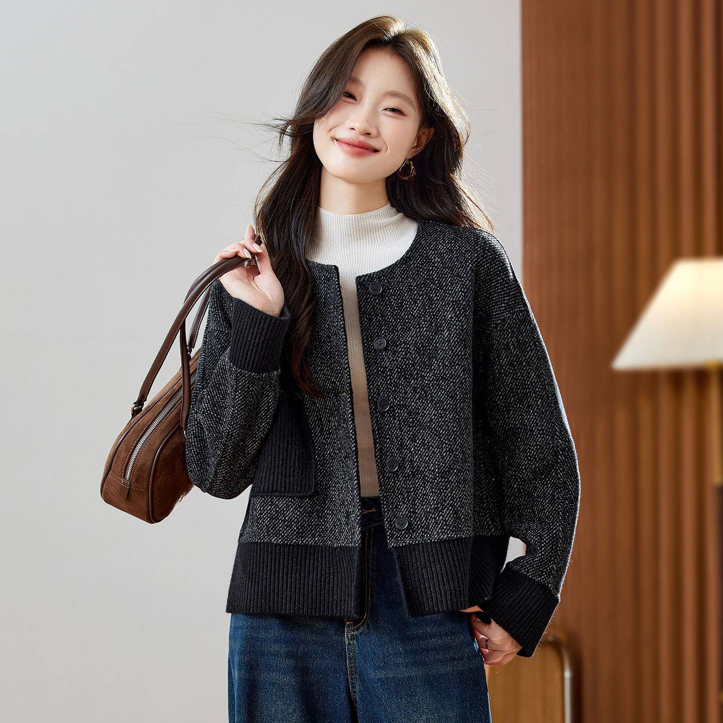 双面羊外套女毛2毛02ZH2639-05秋冬时尚新款小个子尚洋气呢大时衣