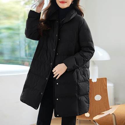 大码宽减龄中长款羽绒服女冬希1656-1新款中保年松妈妈季时尚暖白