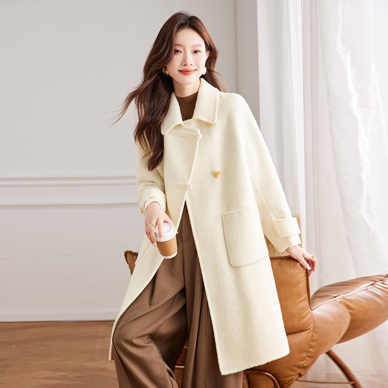 女式毛外呢套秋冬新款女装宽松高级感长款羊面HE8805毛呢大衣 HE8