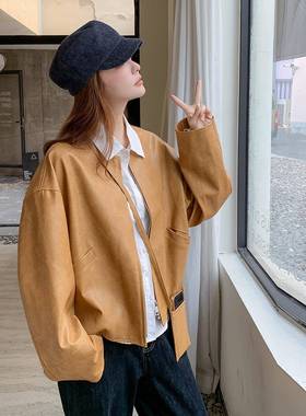 黄色复松弛感小个P子U外套女2025秋新款古韩皮系时尚气质圆B212A-