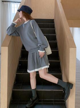 灰色蕾丝边卫衣套装女慵2闲025秋季短新款韩版懒风宽松C208-255休